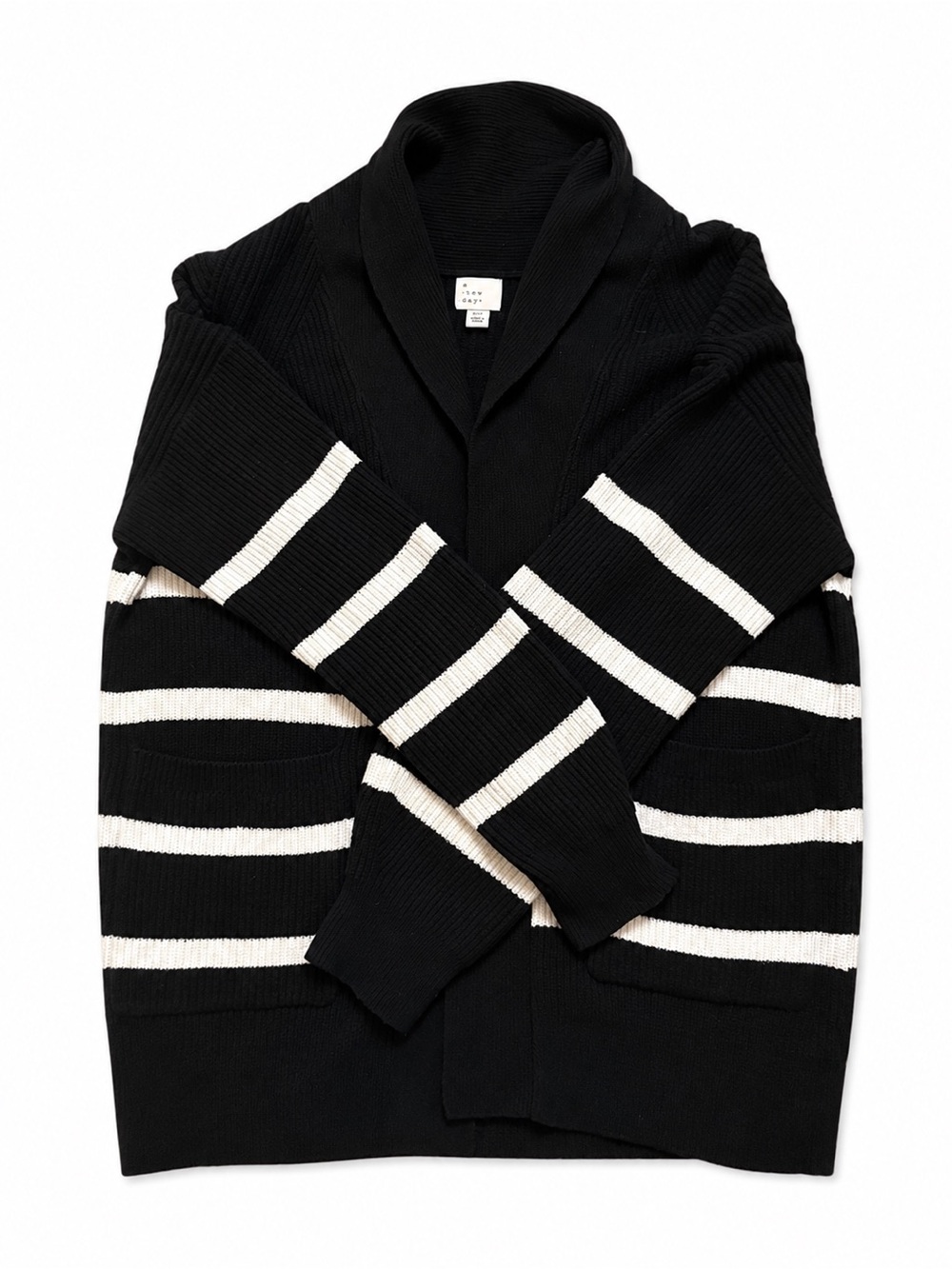 A New Day Black & White Striped Shawl Collar Open Front Cardigan XS